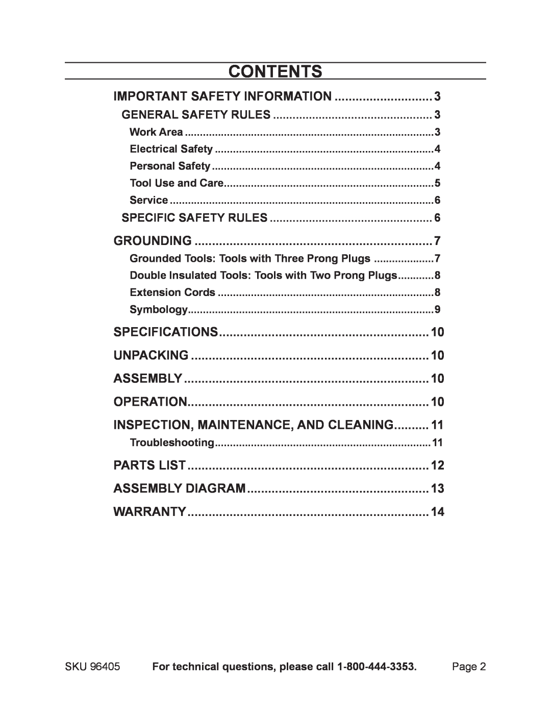Chicago Electric 96405 manual Contents 