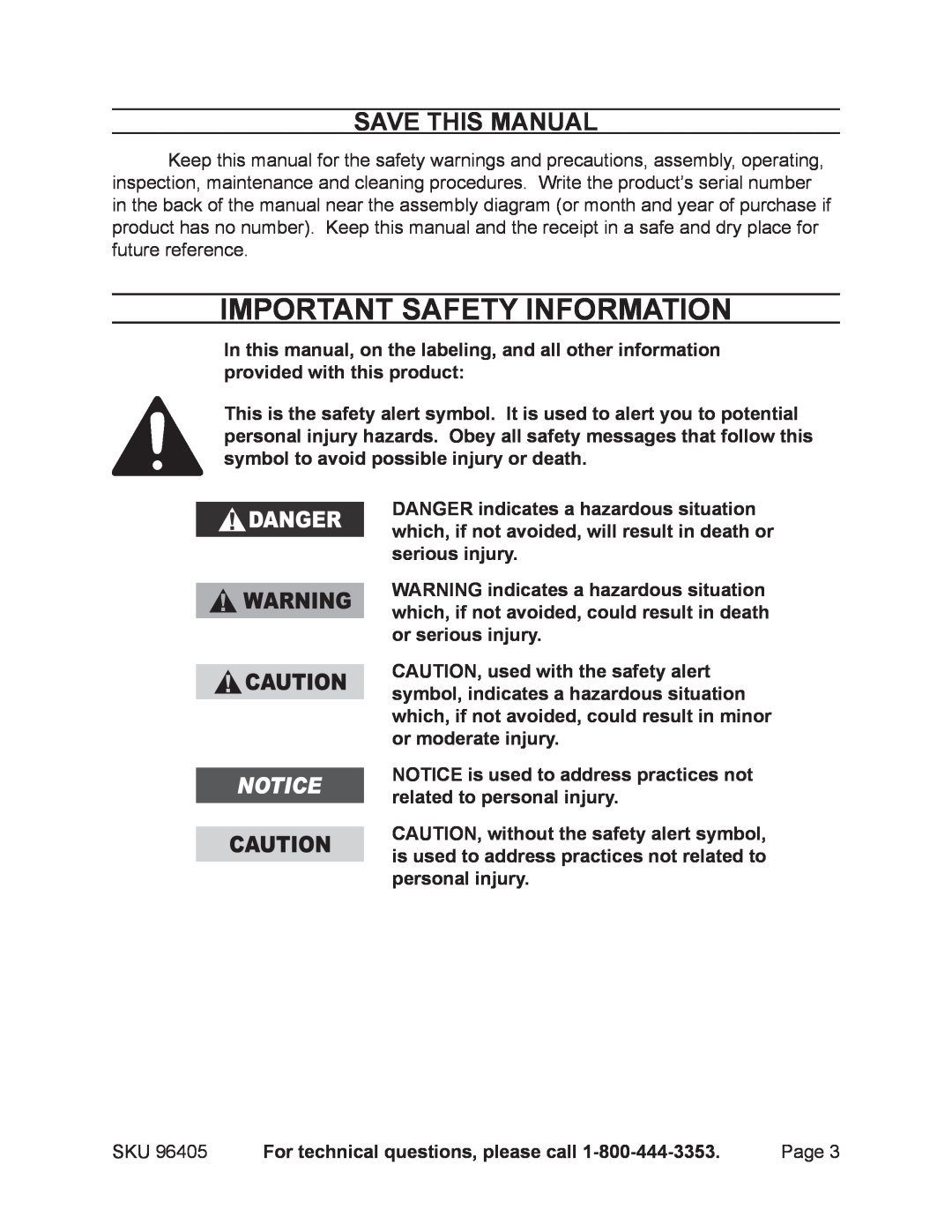 Chicago Electric 96405 manual Important SAFETY Information, Save This Manual 