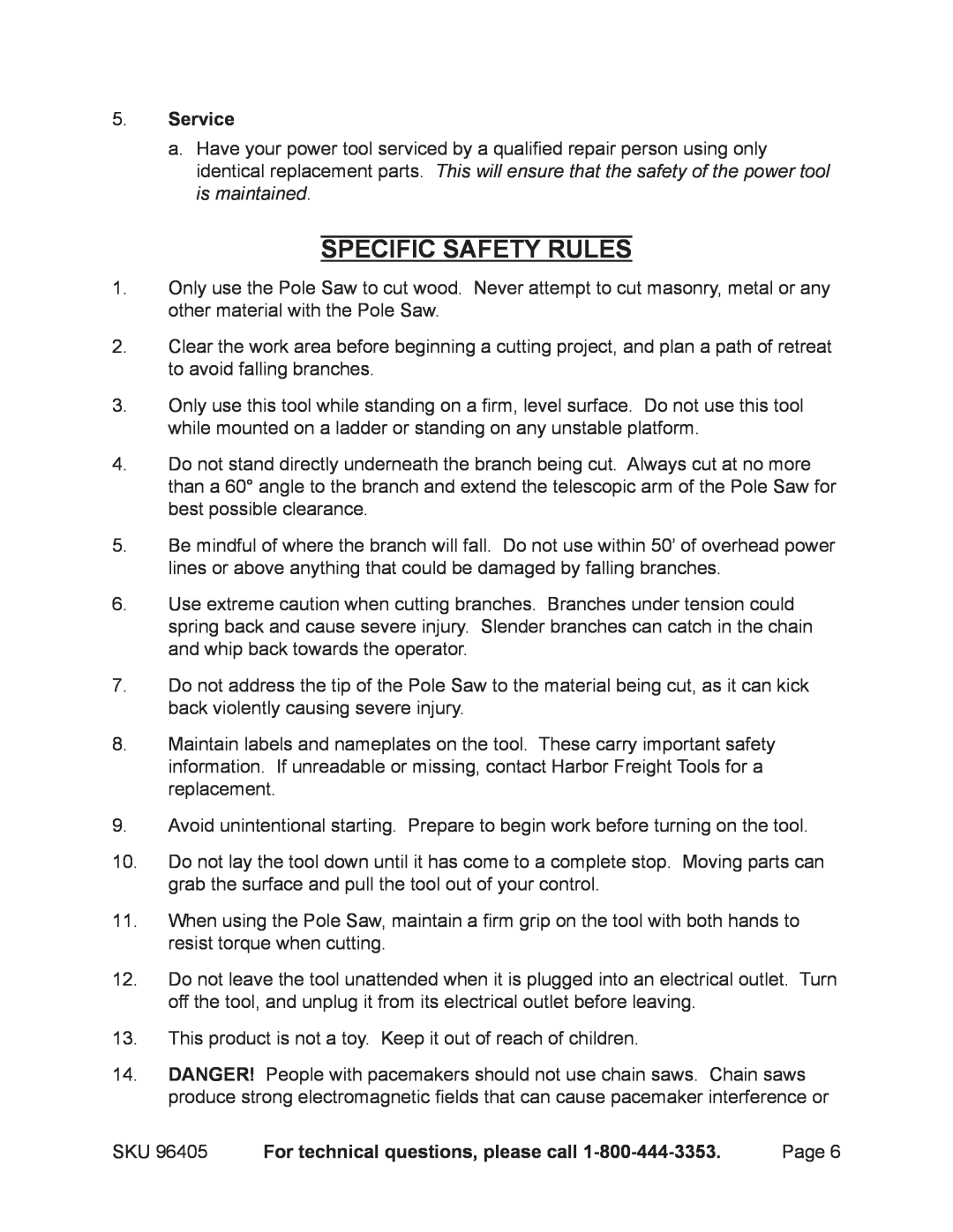 Chicago Electric 96405 manual Specific Safety Rules, Service, For technical questions, please call 