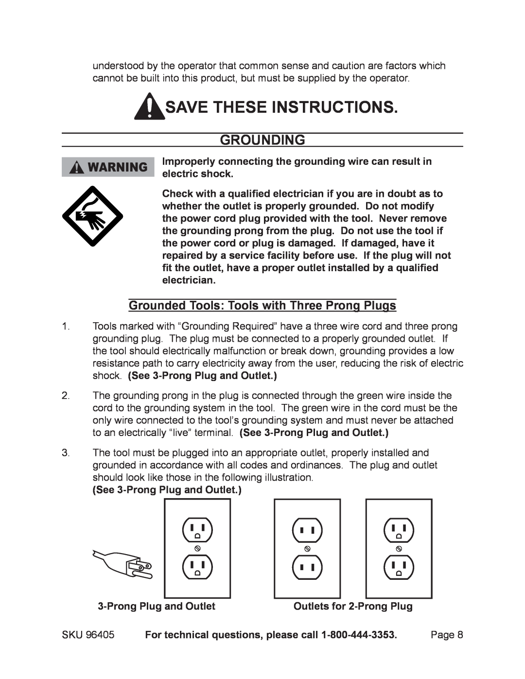 Chicago Electric 96405 manual Save these instructions, Grounding 