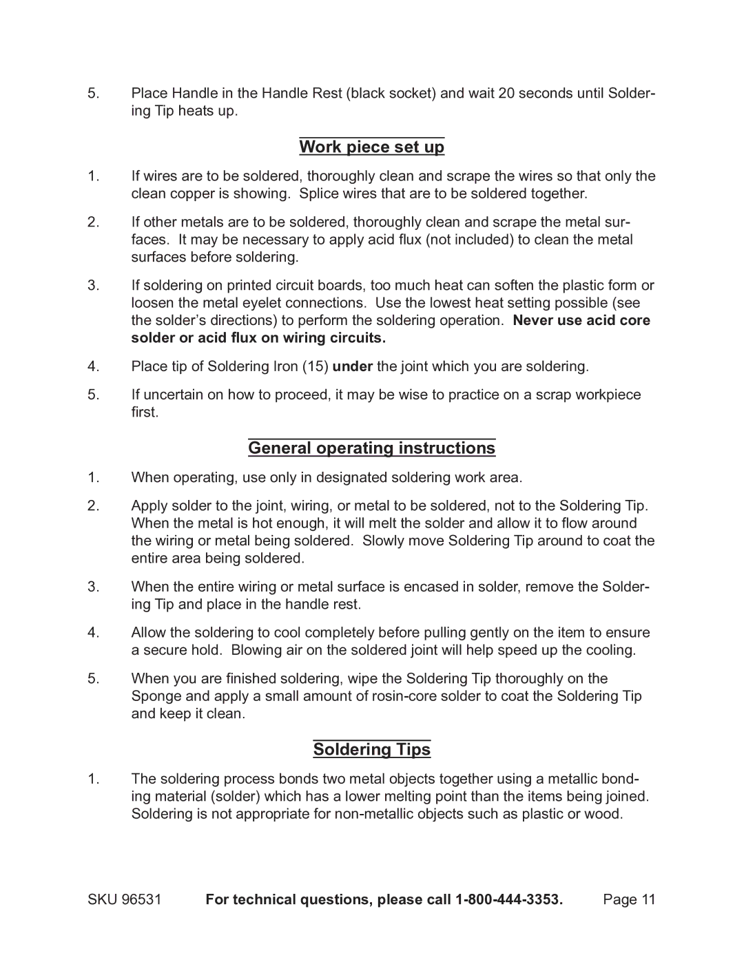 Chicago Electric 96531 Work piece set up, General operating instructions, Soldering Tips 