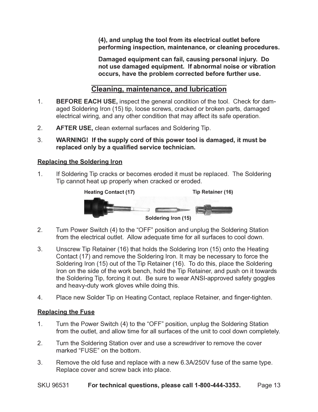 Chicago Electric 96531 Cleaning, maintenance, and lubrication, Replacing the Soldering Iron, Replacing the Fuse 