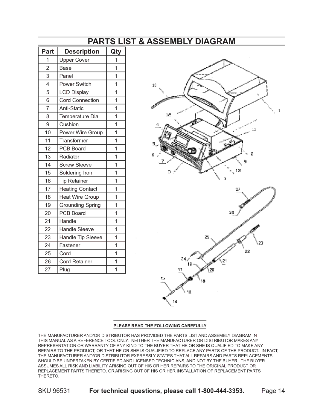 Chicago Electric 96531 operating instructions Parts List & assembly diagram, Part Description Qty 