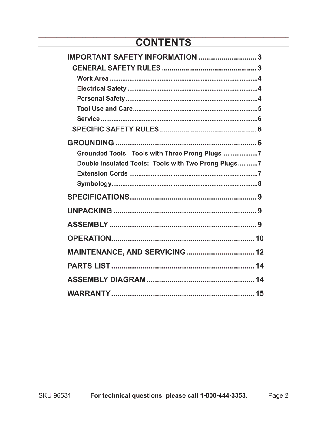 Chicago Electric 96531 operating instructions Contents 