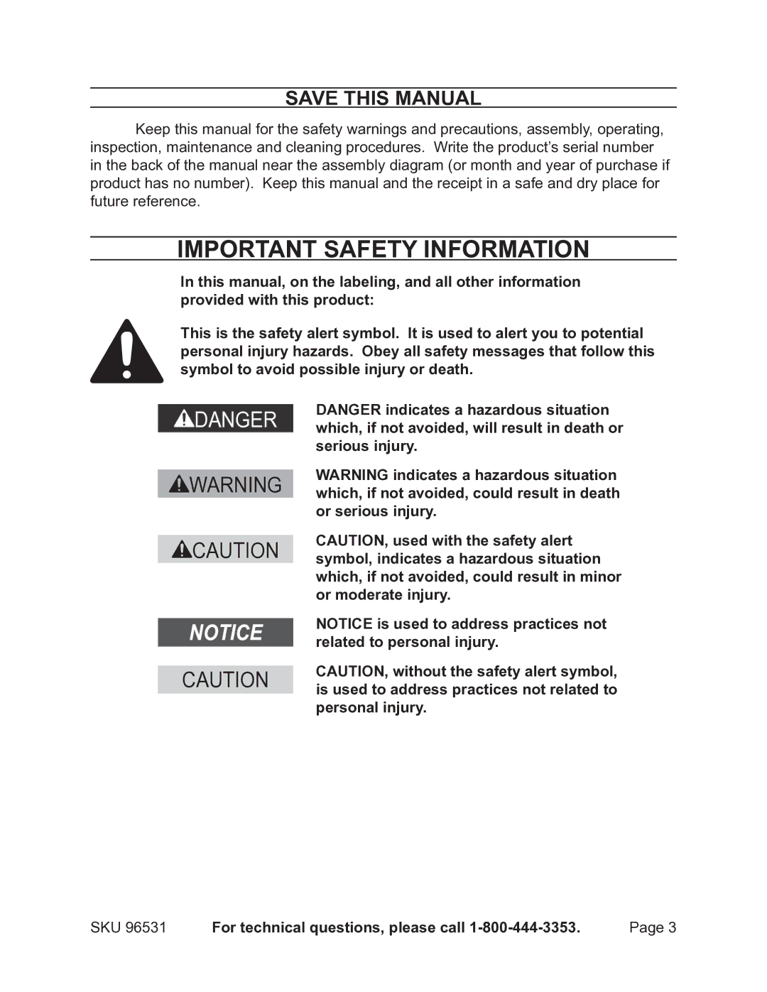 Chicago Electric 96531 operating instructions Important Safety Information, Save This Manual 