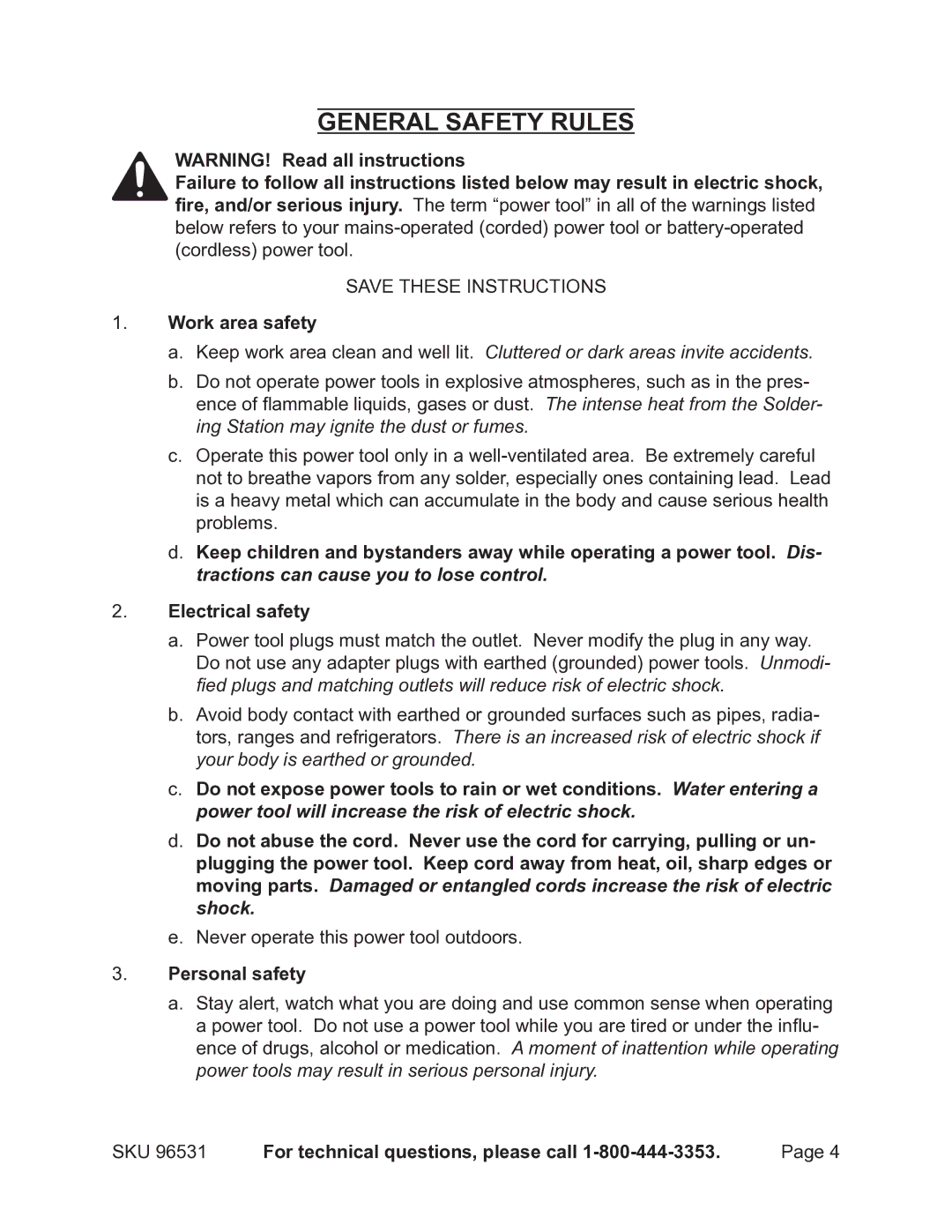 Chicago Electric 96531 operating instructions General Safety Rules 