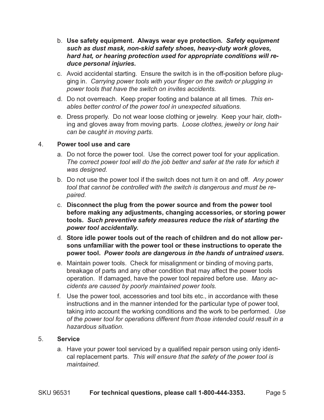 Chicago Electric 96531 operating instructions Power tool use and care, Service 