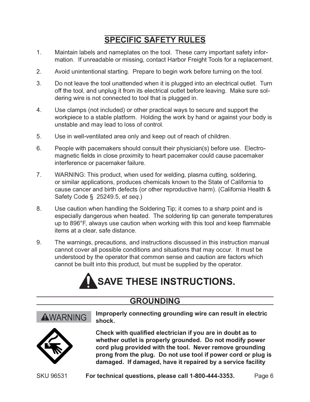 Chicago Electric 96531 operating instructions Specific Safety Rules, Grounding 