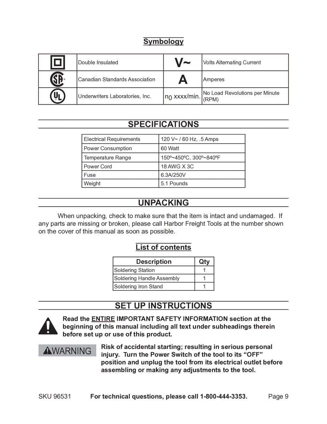 Chicago Electric 96531 operating instructions Specifications, Unpacking, Set Up Instructions, Symbology, List of contents 