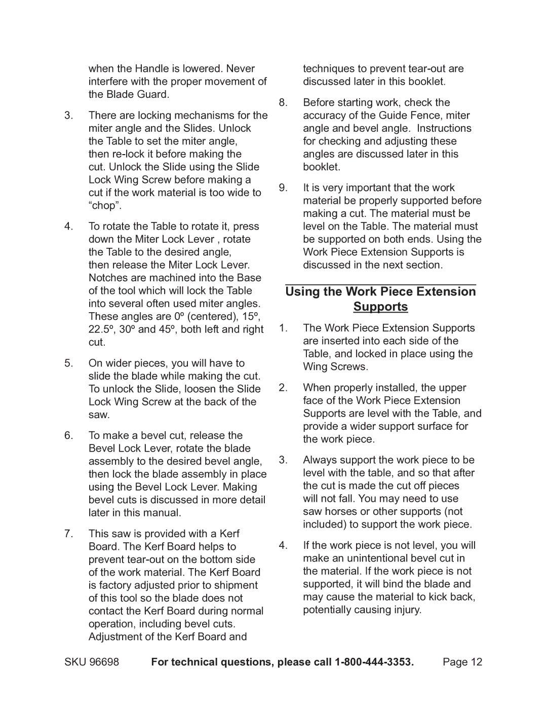 Chicago Electric 96698 operating instructions Using the Work Piece Extension Supports 