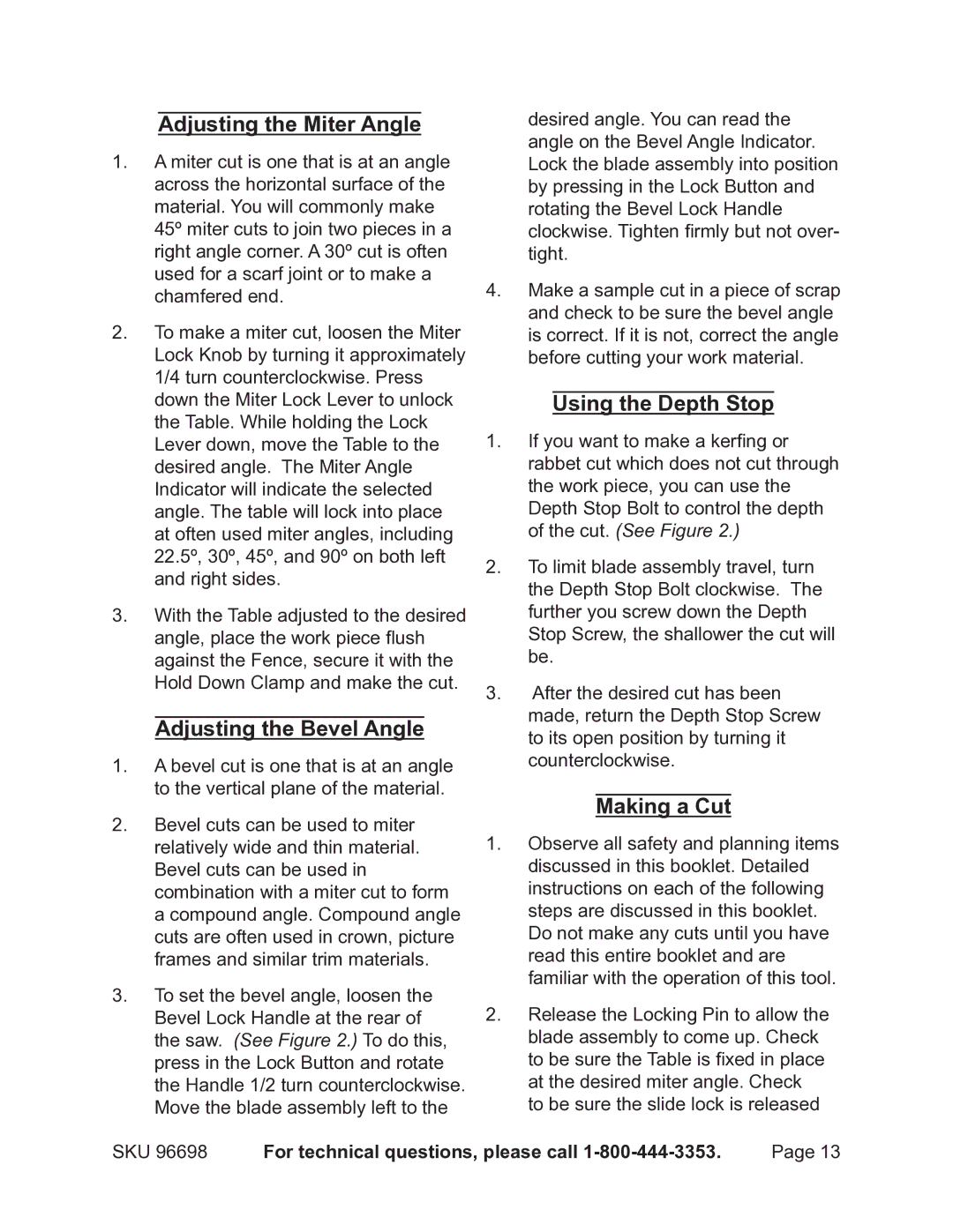 Chicago Electric 96698 Adjusting the Miter Angle, Adjusting the Bevel Angle, Using the Depth Stop, Making a Cut 