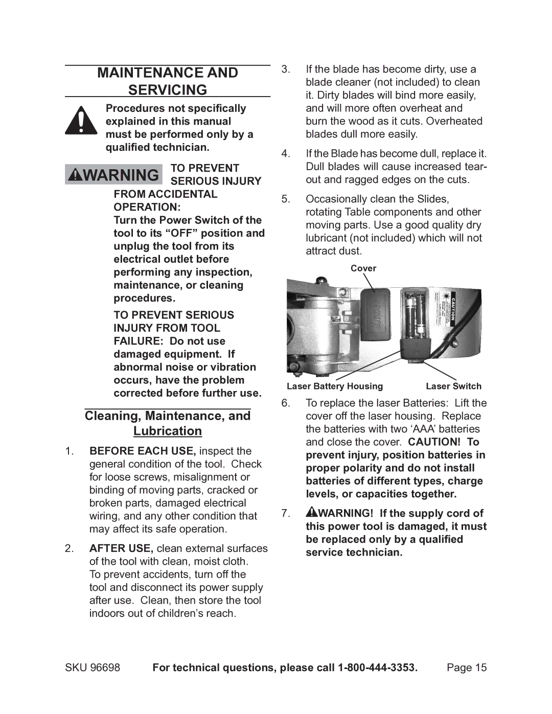 Chicago Electric 96698 operating instructions Maintenance Servicing, Cleaning, Maintenance, Lubrication 