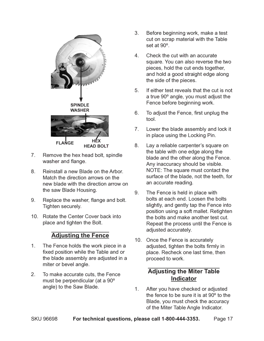 Chicago Electric 96698 operating instructions Adjusting the Fence, Adjusting the Miter Table Indicator 