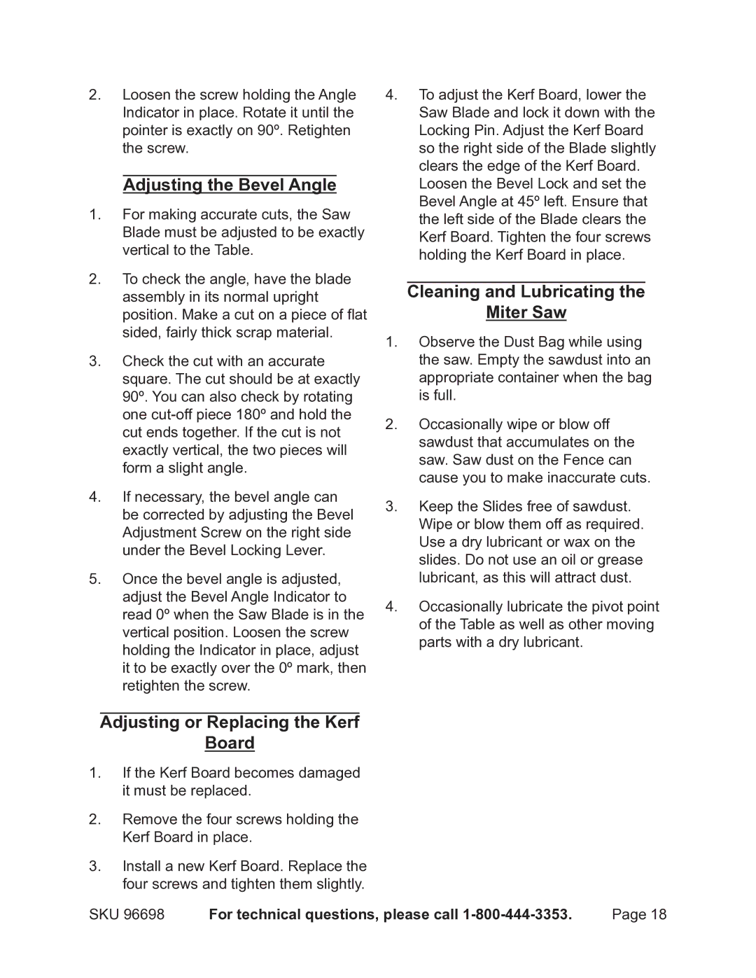 Chicago Electric 96698 operating instructions Cleaning and Lubricating Miter Saw, Adjusting or Replacing the Kerf Board 