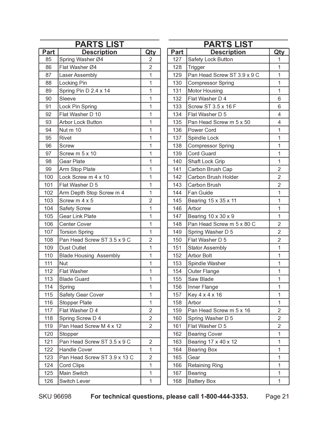 Chicago Electric 96698 operating instructions Parts List 