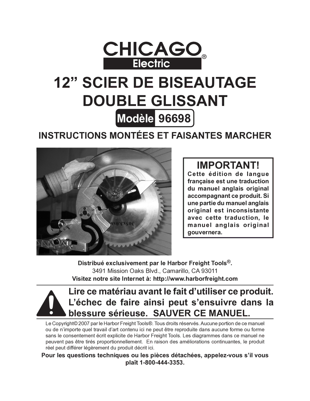 Chicago Electric 96698 operating instructions Scier de Biseautage Double Glissant 