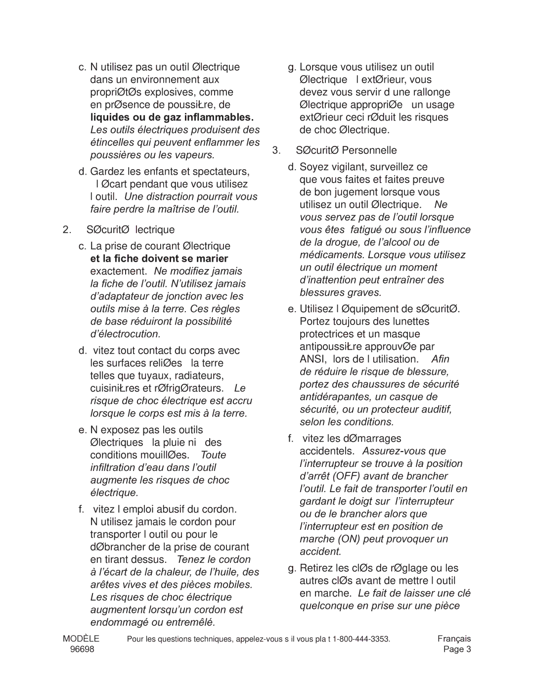 Chicago Electric 96698 De choc électrique, Sécurité Personnelle, Soyez vigilant, surveillez ce, Sécurité Électrique 