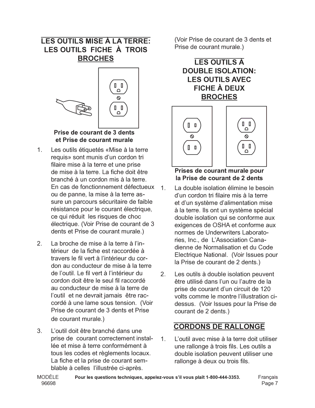 Chicago Electric 96698 operating instructions Fiche à Deux Broches, Prise de courant de 3 dents et Prise de courant murale 