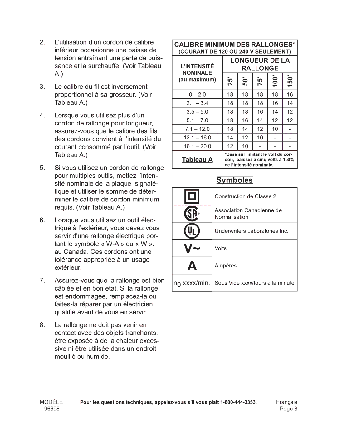 Chicago Electric 96698 operating instructions Symboles, Longueur de la, Rallonge 