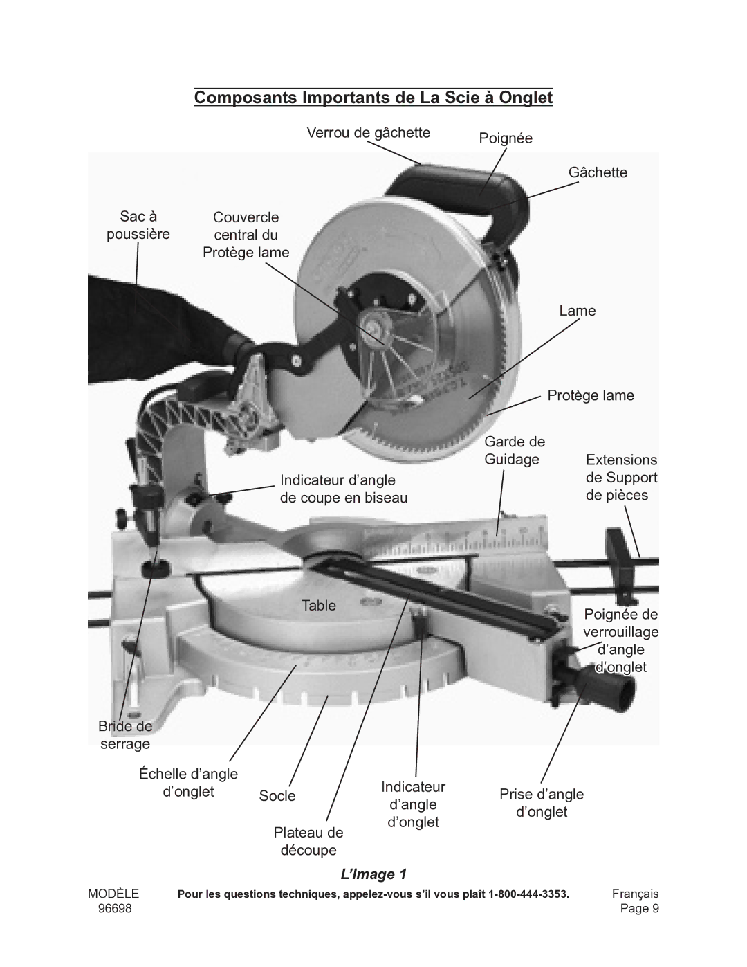 Chicago Electric 96698 operating instructions Composants Importants de La Scie à Onglet, ’Image 