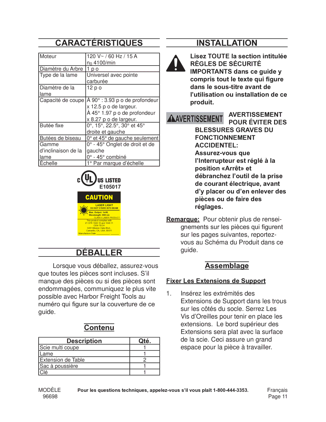 Chicago Electric 96698 operating instructions Contenu, Assemblage, Description Qté, Fixer Les Extensions de Support 