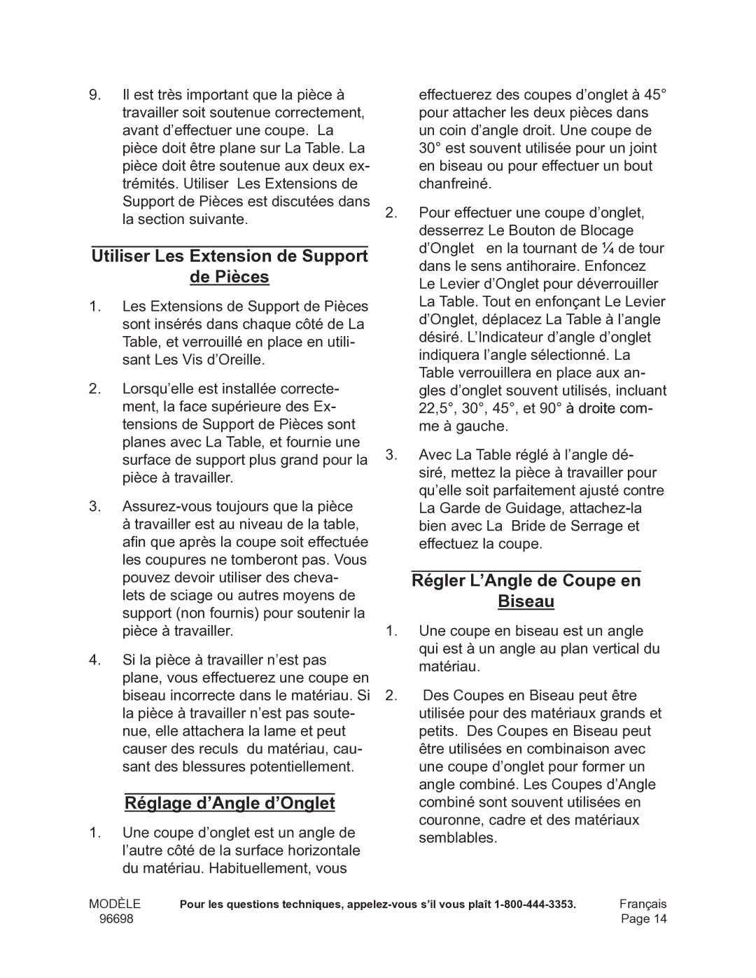 Chicago Electric 96698 operating instructions Utiliser Les Extension de Support De Pièces, Réglage d’Angle d’Onglet 