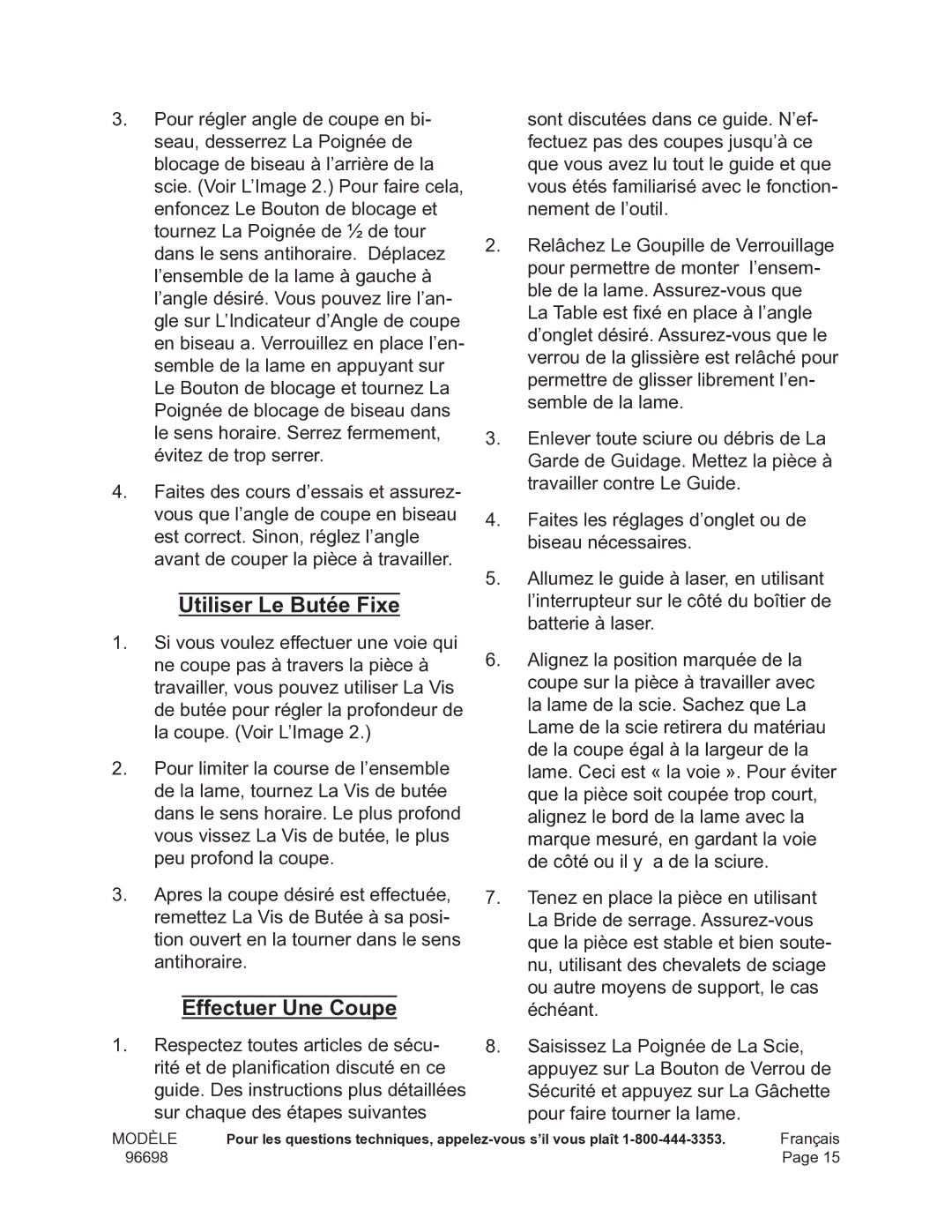 Chicago Electric 96698 operating instructions Utiliser Le Butée Fixe, Effectuer Une Coupe 