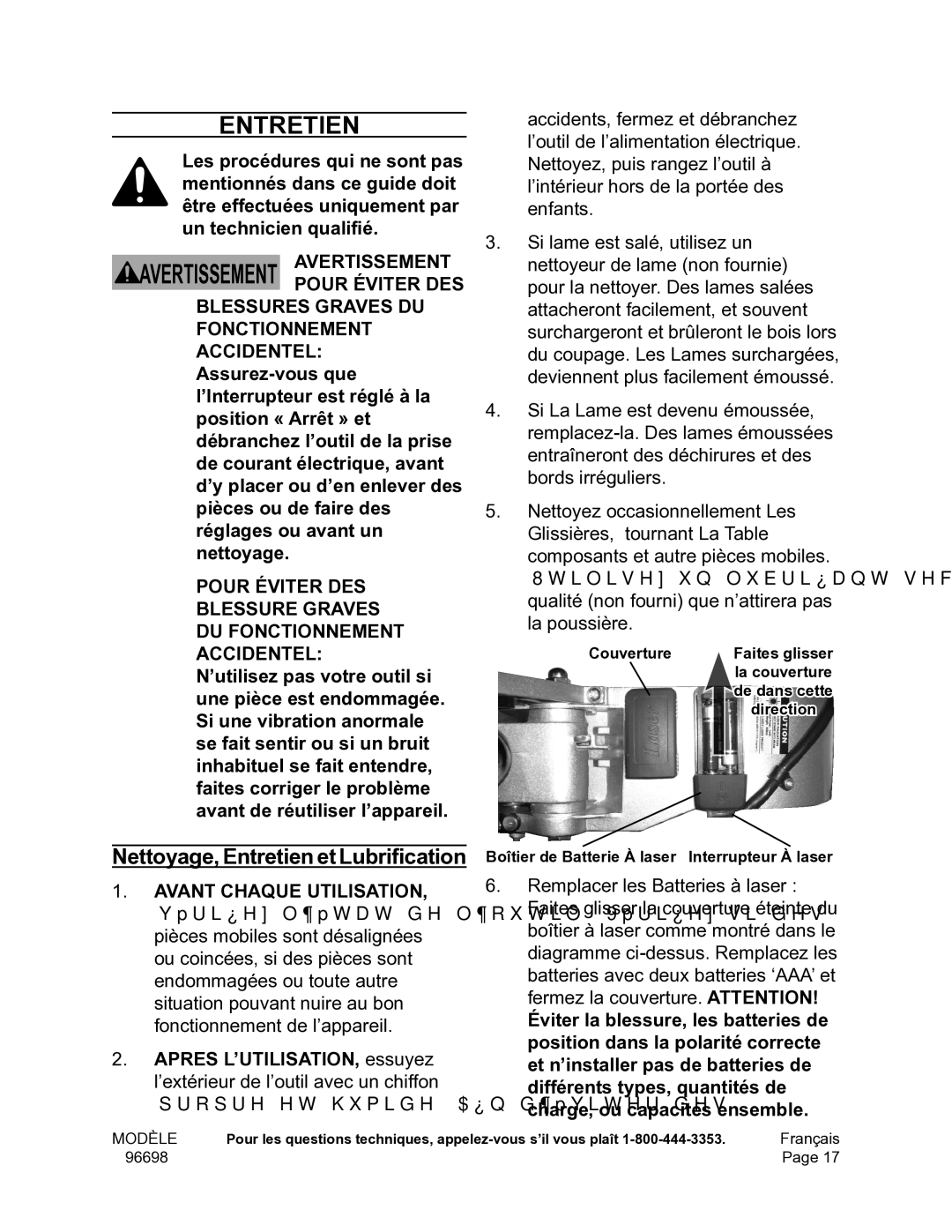 Chicago Electric 96698 operating instructions Avertissement Avertissement 