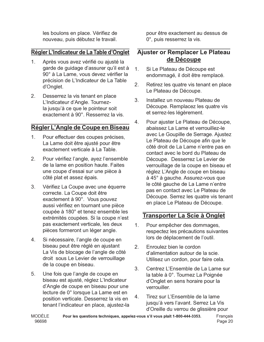 Chicago Electric 96698 operating instructions Ajuster or Remplacer Le Plateau De Découpe, Transporter La Scie à Onglet 