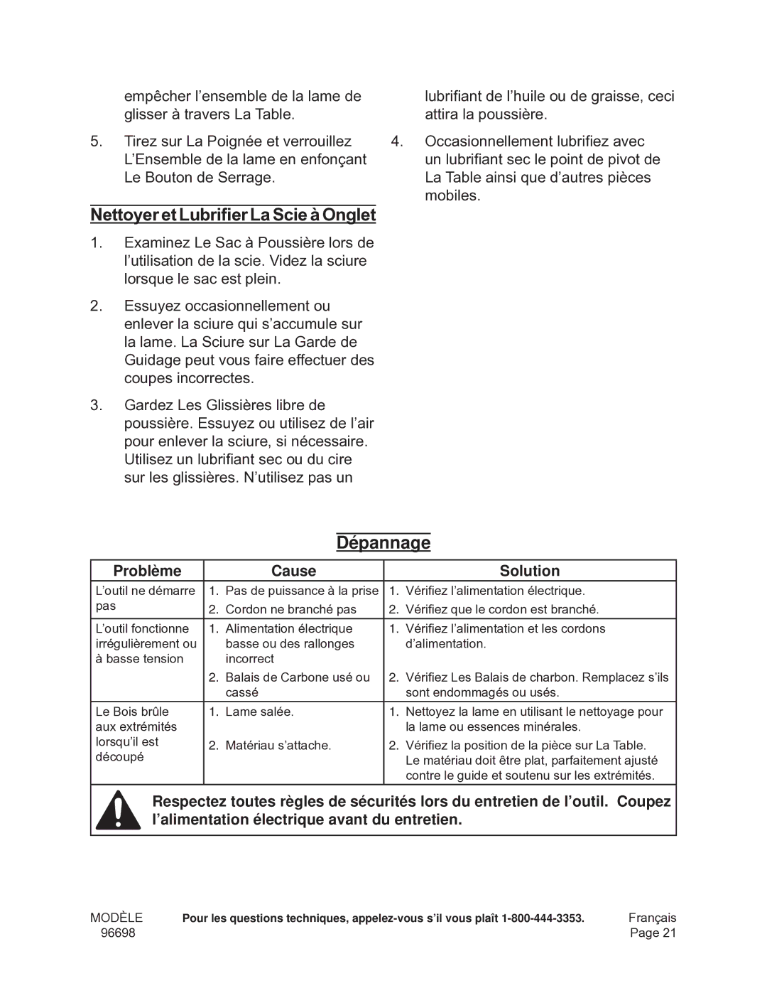 Chicago Electric 96698 operating instructions Dépannage, Problème Cause Solution 