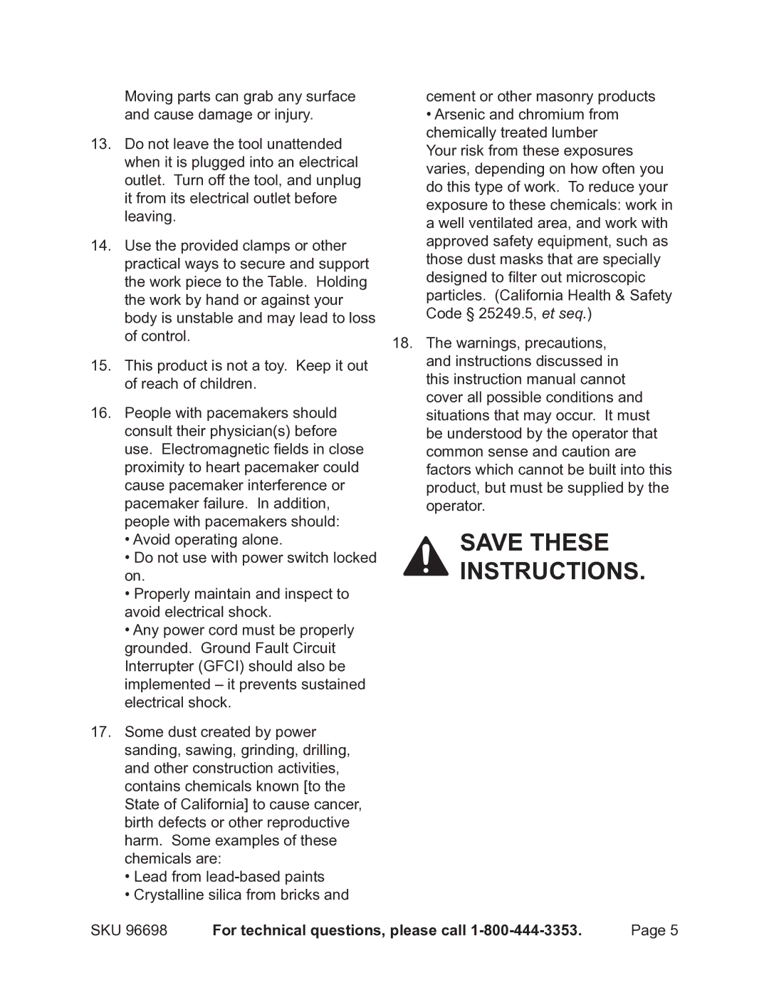 Chicago Electric 96698 operating instructions For technical questions, please call 