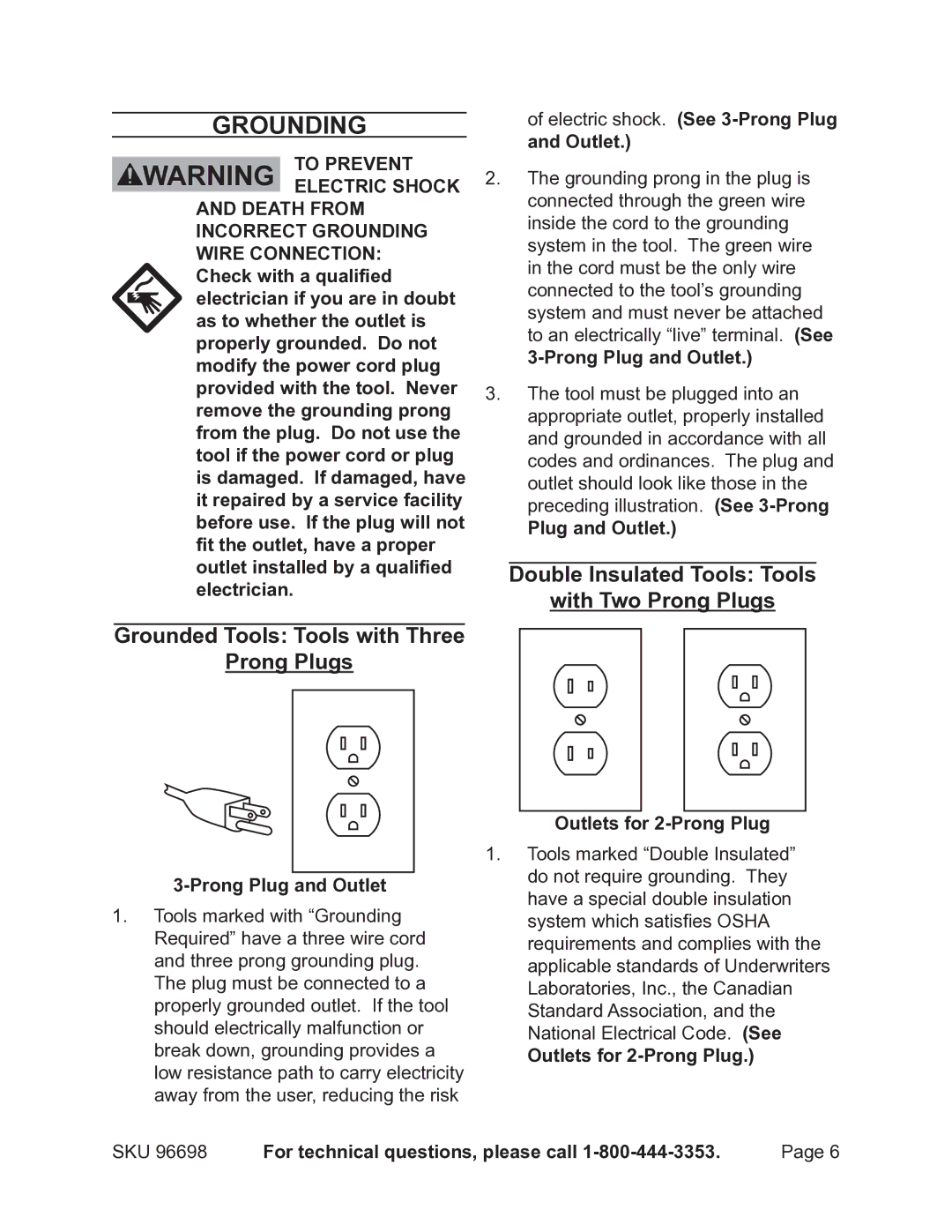 Chicago Electric 96698 operating instructions Grounding, Double Insulated Tools Tools With Two Prong Plugs 