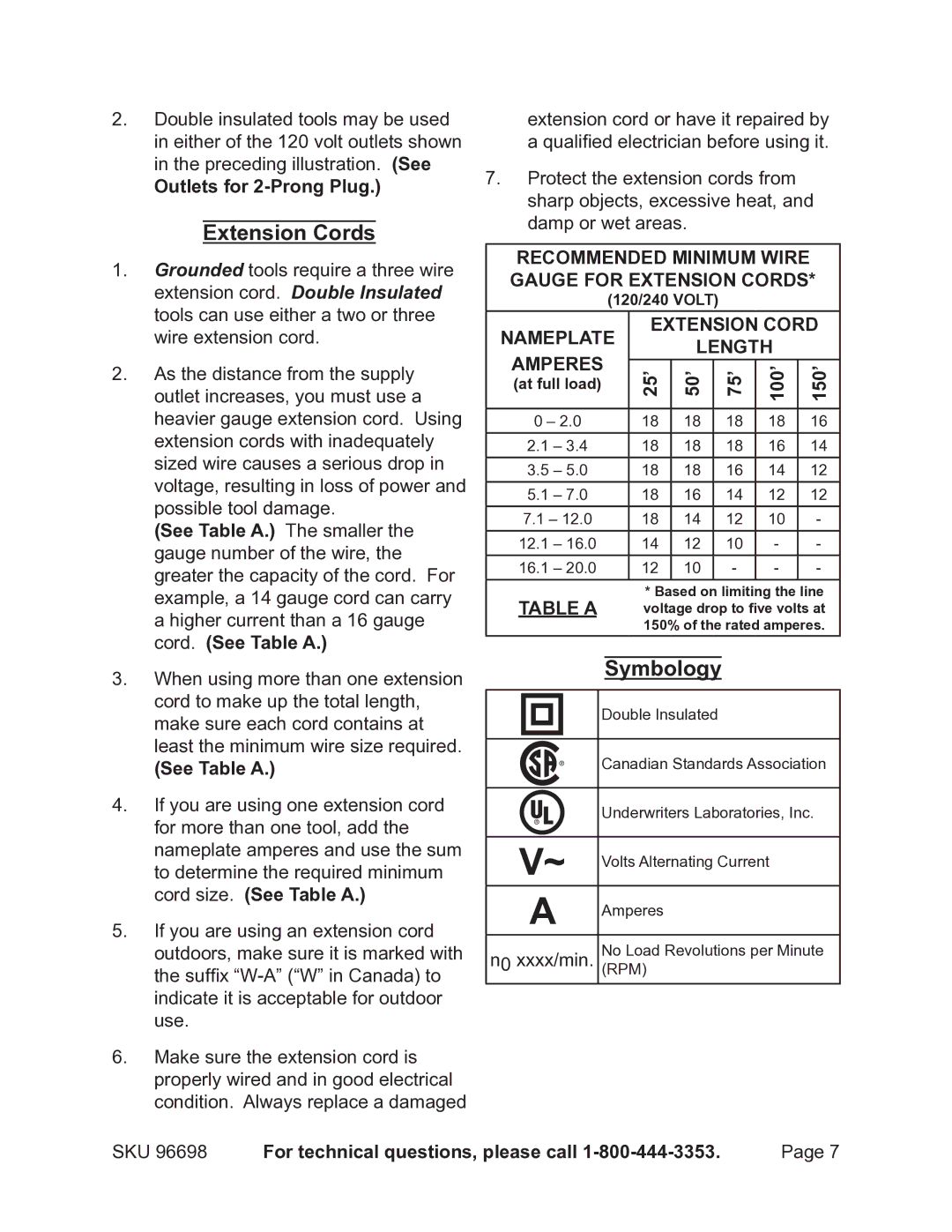 Chicago Electric 96698 operating instructions Extension Cords, Symbology, 25’ 50’ 75’, See Table a 