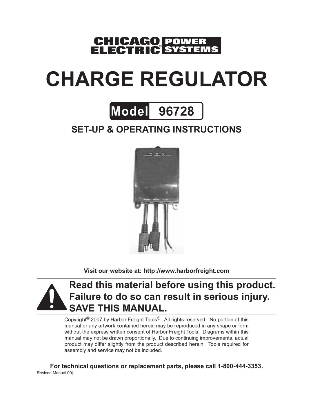 Chicago Electric 96728 operating instructions Charge Regulator, For technical questions or replacement parts, please call 