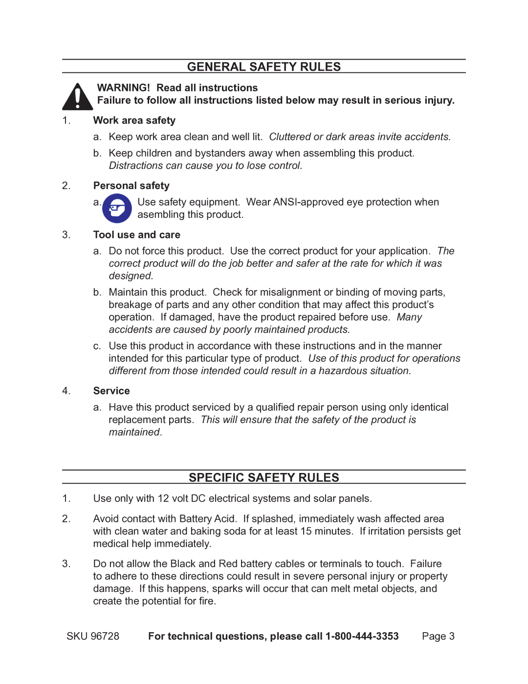 Chicago Electric 96728 General Safety Rules, Specific safety rules, Personal safety, Tool use and care, Service 