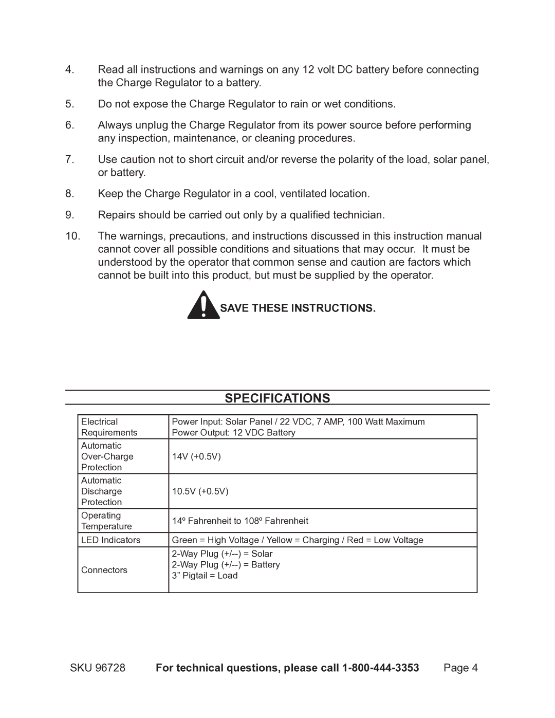 Chicago Electric 96728 operating instructions Specifications 