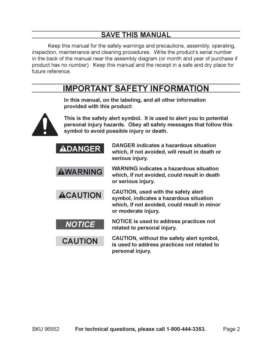 Chicago Electric 96952 operating instructions Save This Manual, For technical questions, please call 