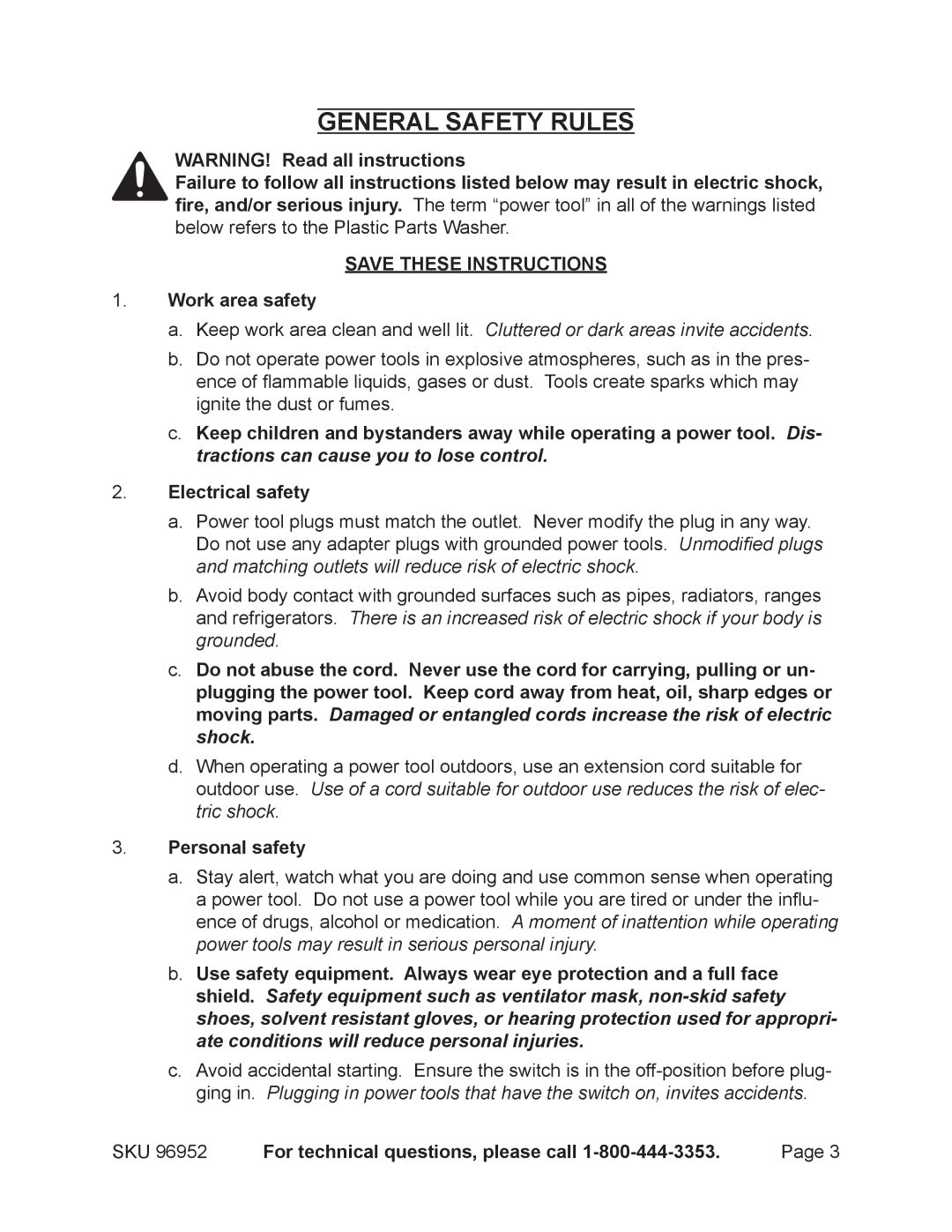 Chicago Electric 96952 operating instructions General Safety Rules, Personal safety 