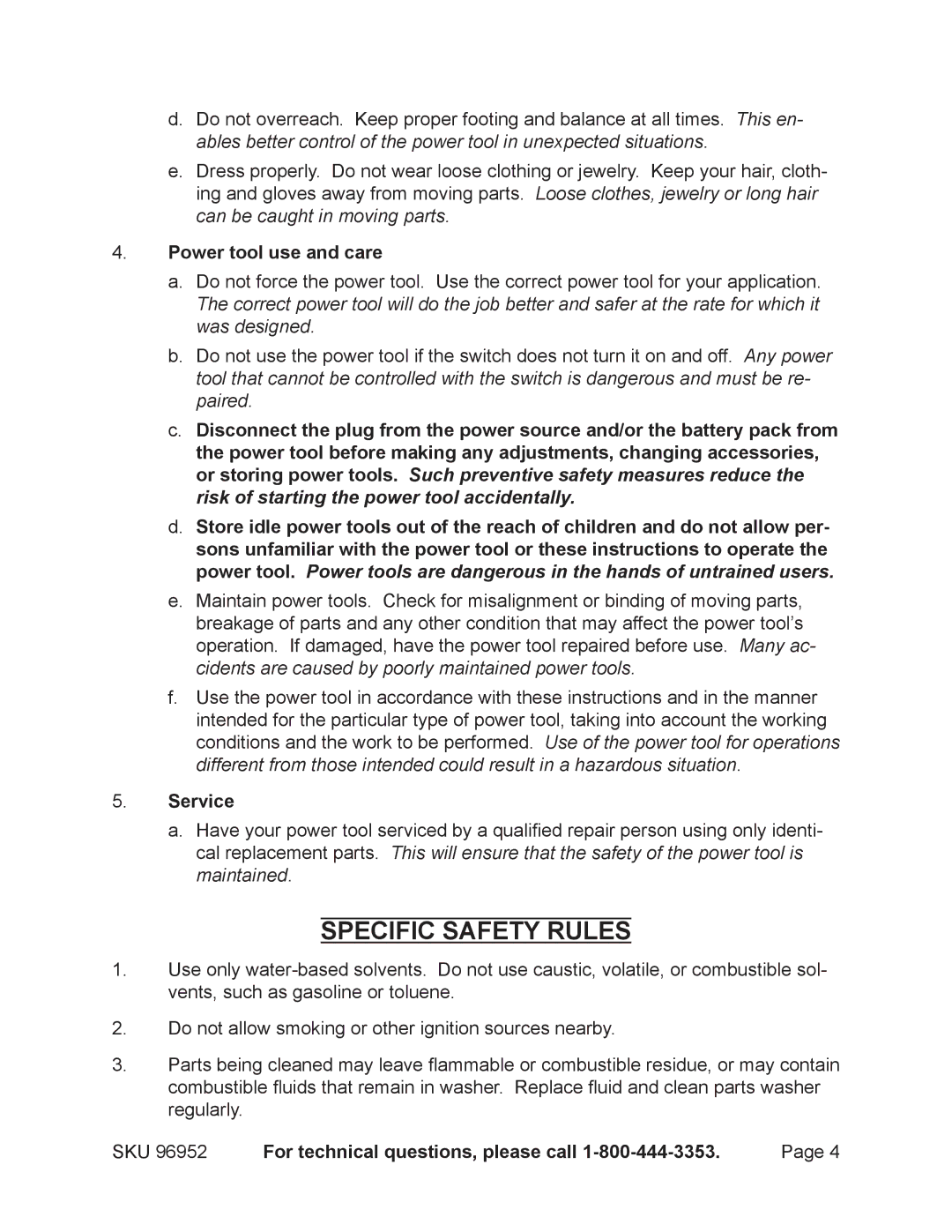 Chicago Electric 96952 operating instructions Specific Safety Rules, Power tool use and care, Service 