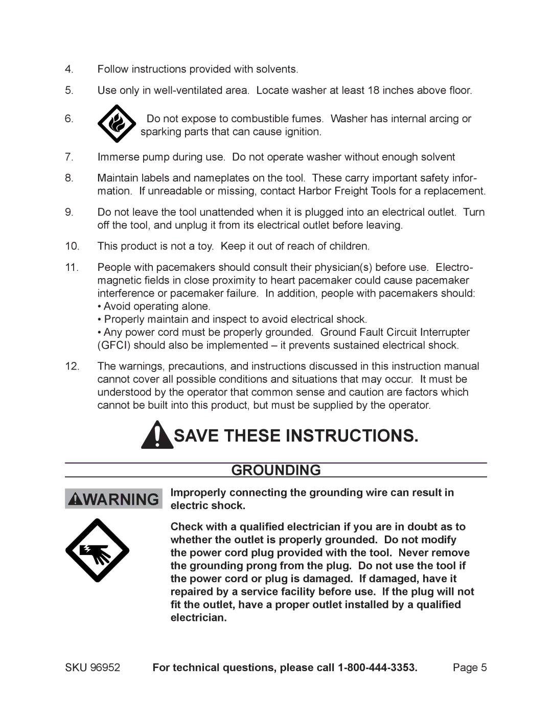 Chicago Electric 96952 Grounding, Improperly connecting the grounding wire can result, Electric shock 