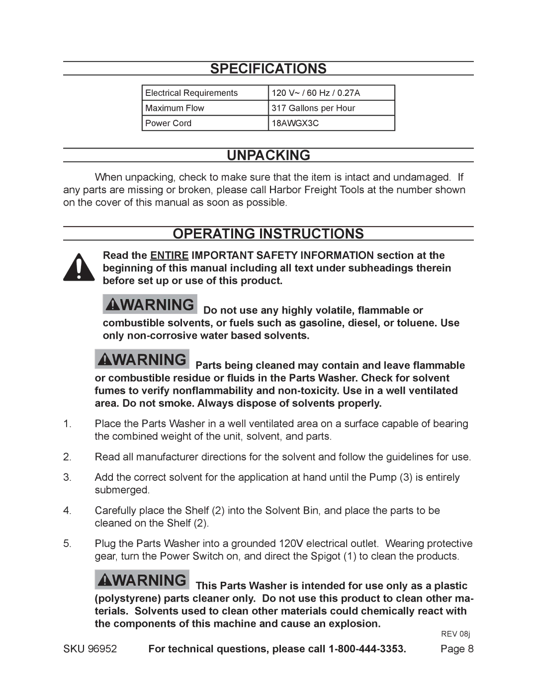 Chicago Electric 96952 operating instructions Specifications, Unpacking, Operating Instructions 