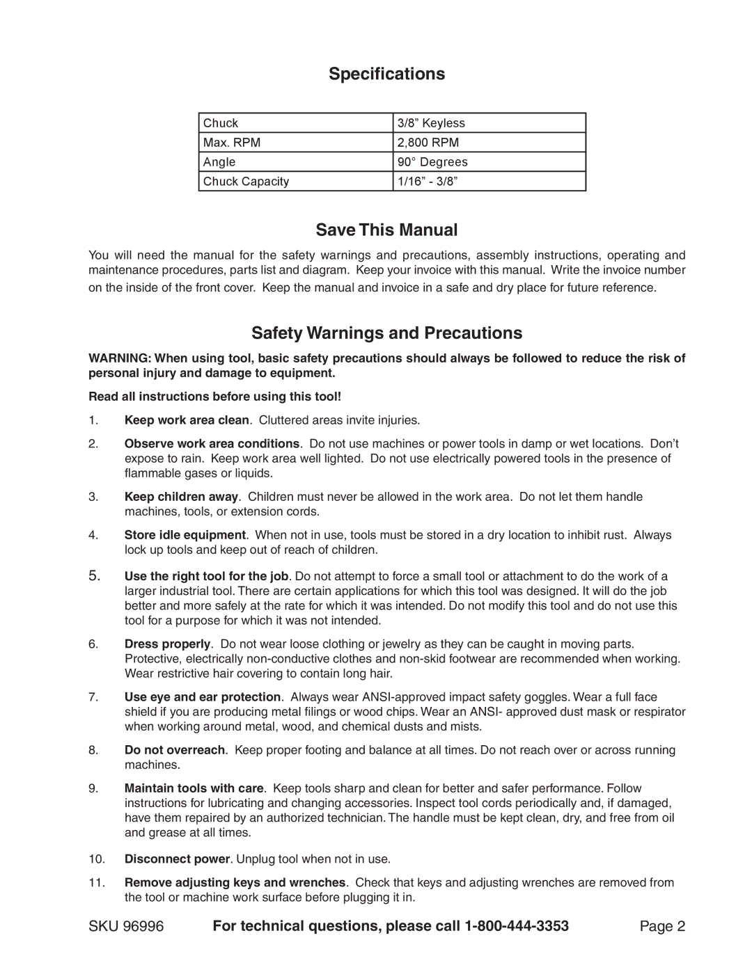 Chicago Electric 96996 operating instructions Specifications, Save This Manual, Safety Warnings and Precautions 