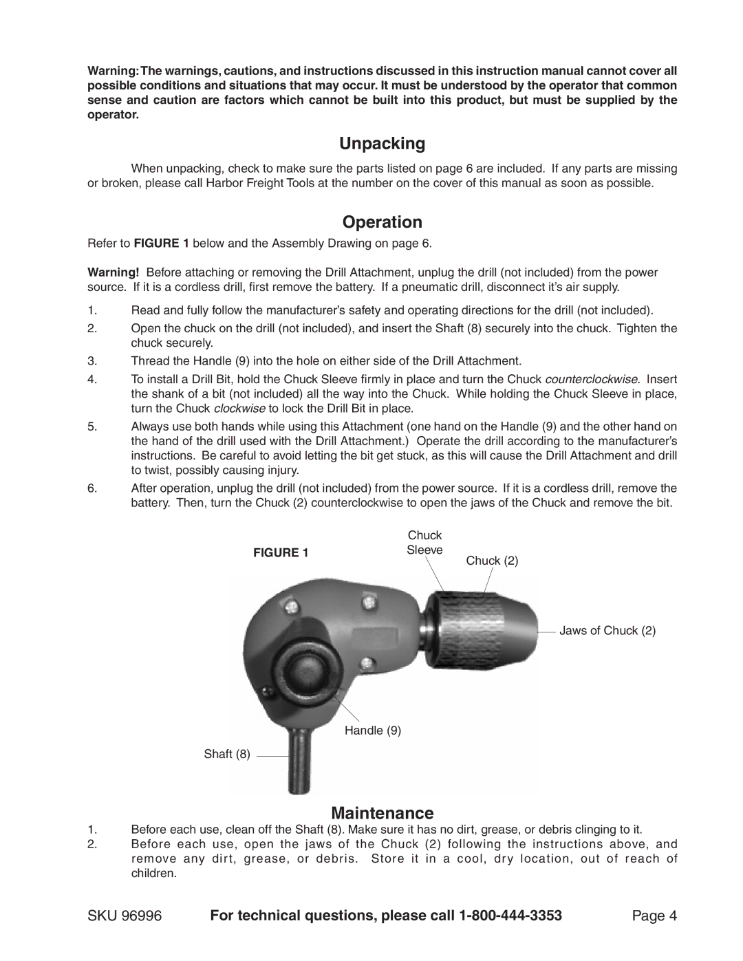 Chicago Electric 96996 operating instructions Unpacking, Operation, Maintenance 