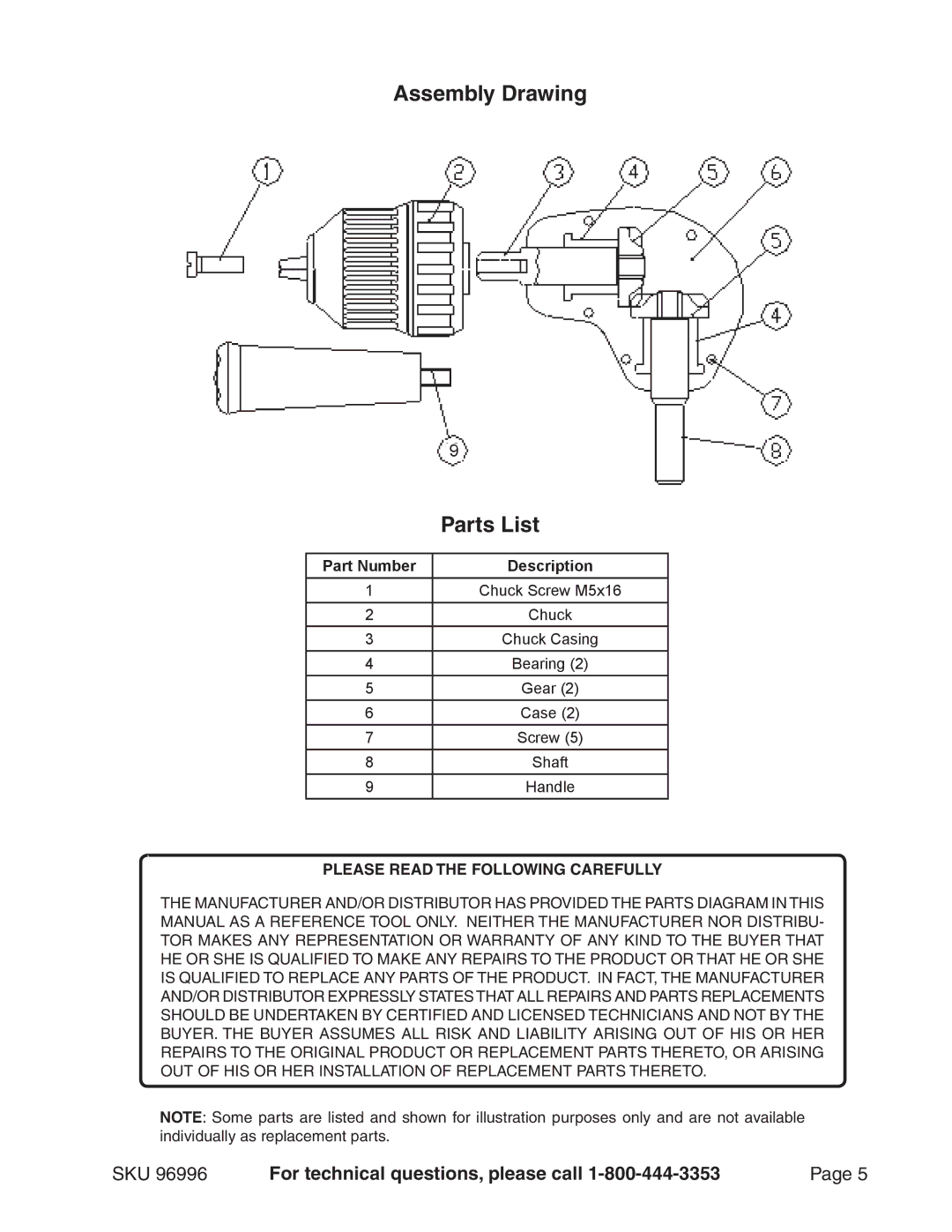 Chicago Electric 96996 operating instructions Assembly Drawing Parts List, Please Read the Following Carefully 