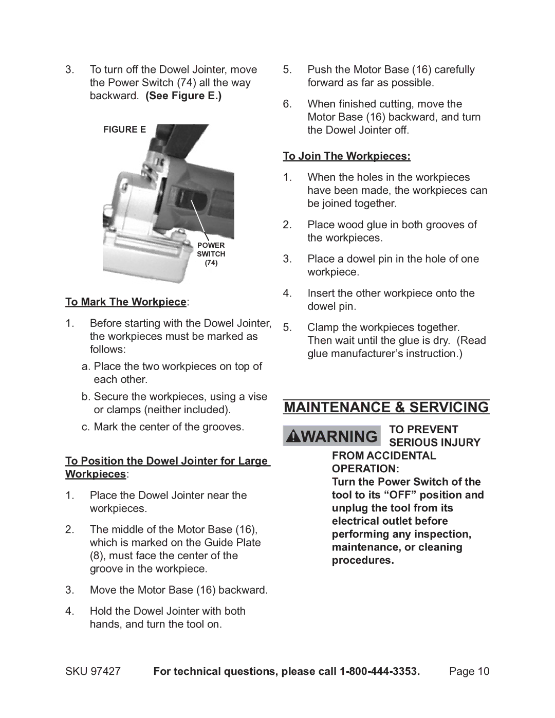 Chicago Electric 97427 Maintenance & servicing, To Mark The Workpiece, To Position the Dowel Jointer for Large Workpieces 