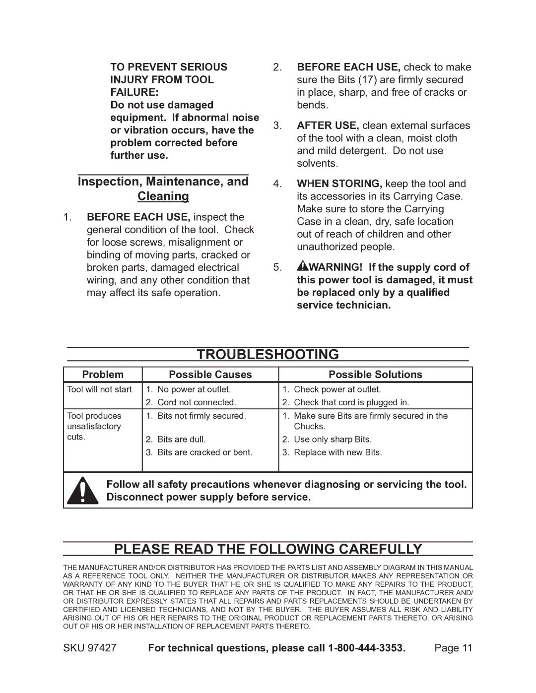 Chicago Electric 97427 Troubleshooting, Please Read the Following Carefully, Inspection, Maintenance, Cleaning 