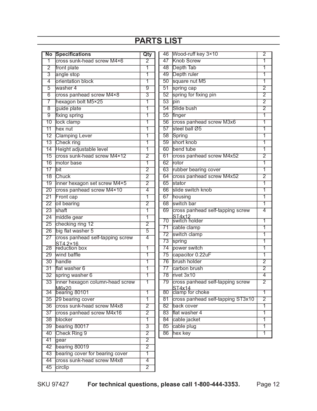 Chicago Electric 97427 operating instructions Parts List, Specifications Qty 