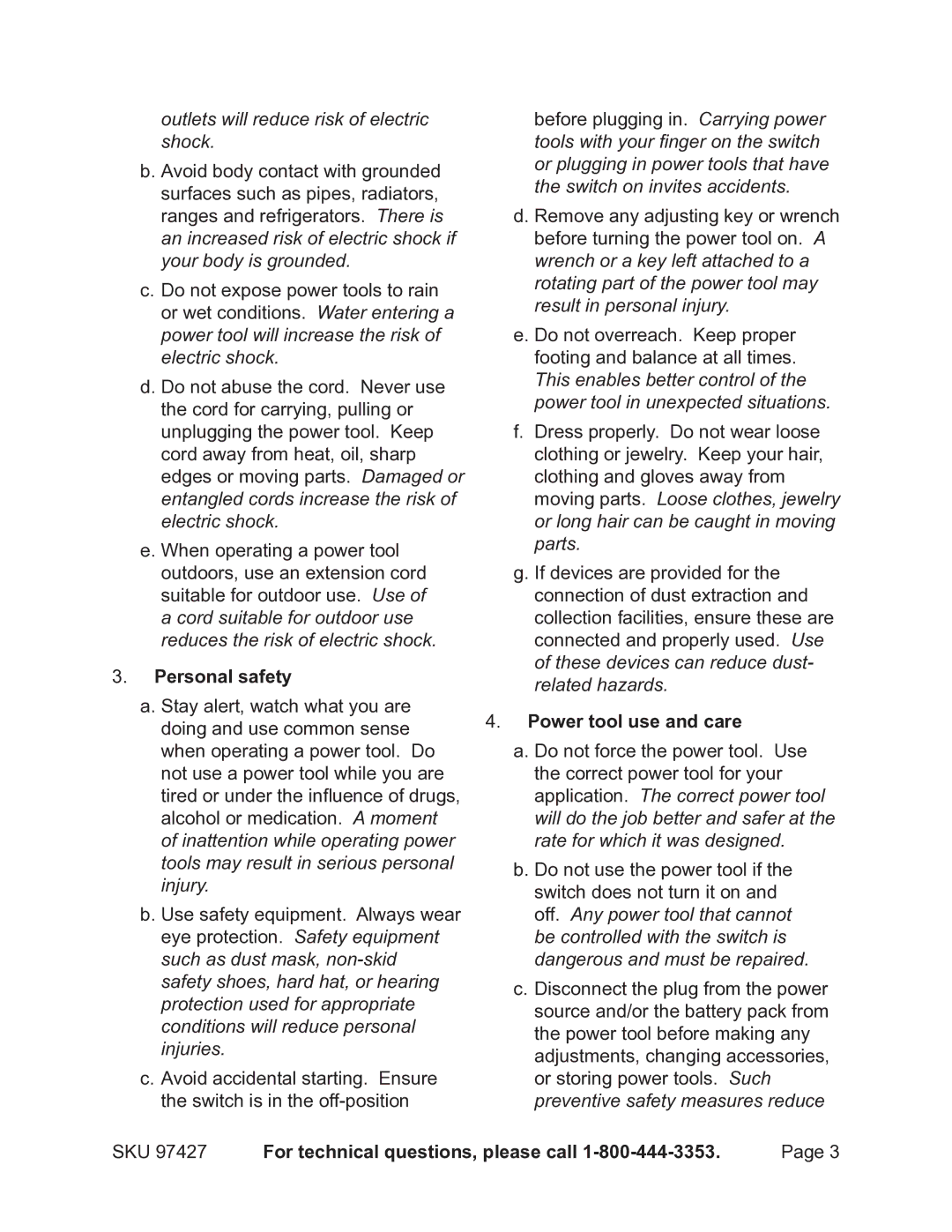 Chicago Electric 97427 operating instructions Personal safety, Power tool use and care 