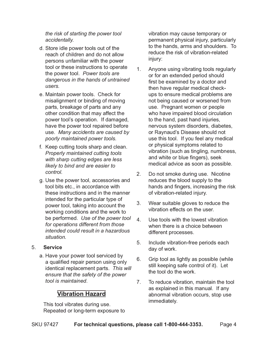 Chicago Electric 97427 operating instructions Vibration Hazard, Service 