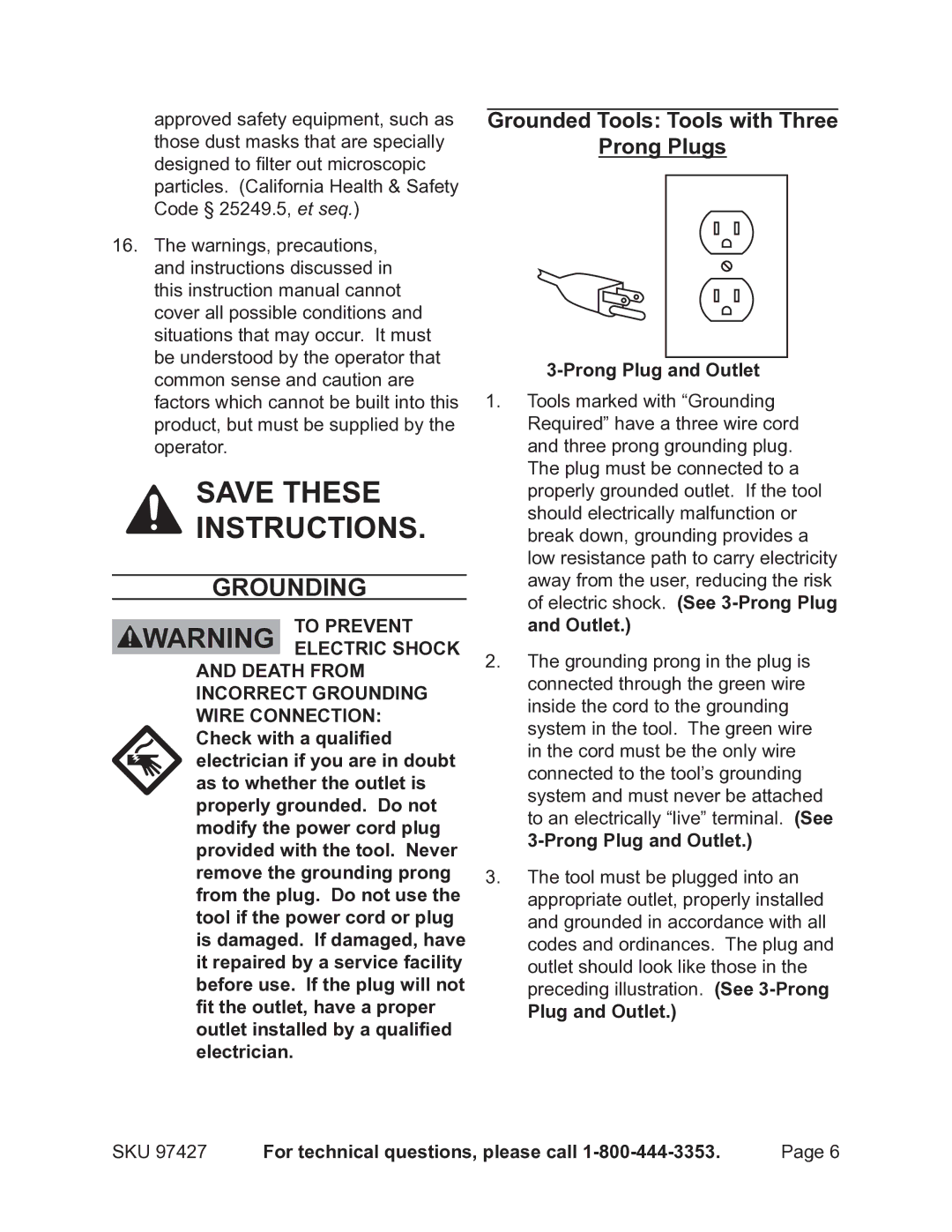 Chicago Electric 97427 operating instructions Grounding, Grounded Tools Tools with Three Prong Plugs, Prong Plug and Outlet 